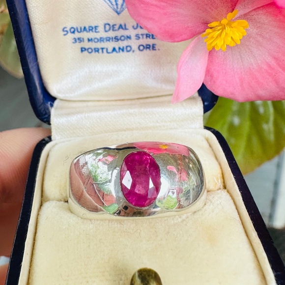 Vintage Silver Ruby Flush Set Gypsy Signet Ring